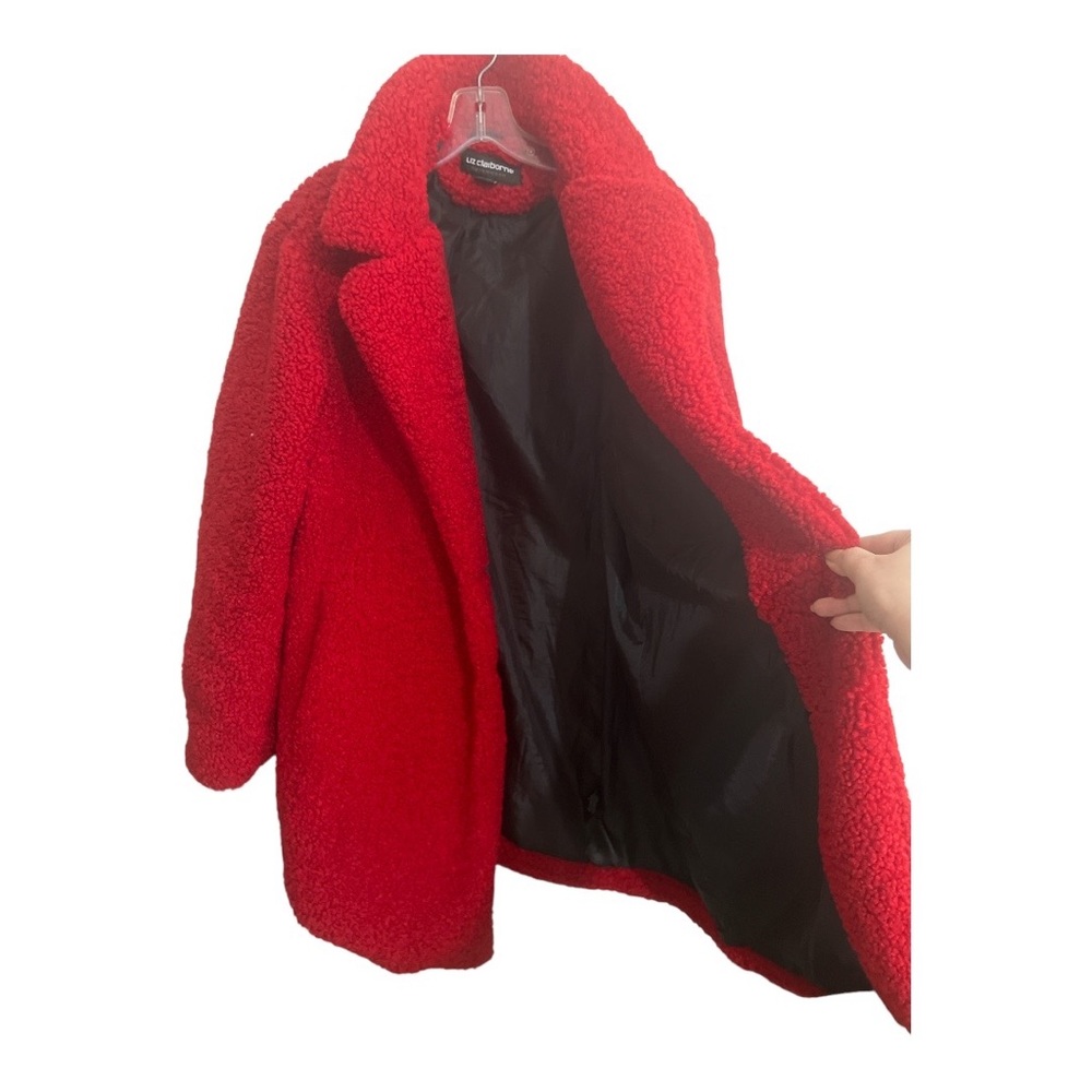 LIZ CLAIBORNE | Red Faux Fur Coat with Black Buttons